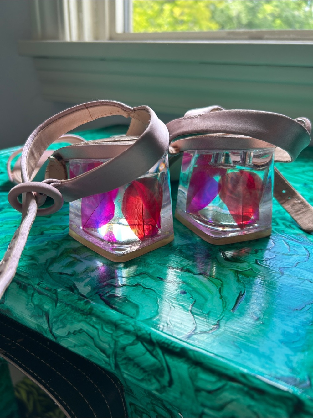 Zara Pink Ankle-Strap Sandals with Iridescent Lucite Block Heels